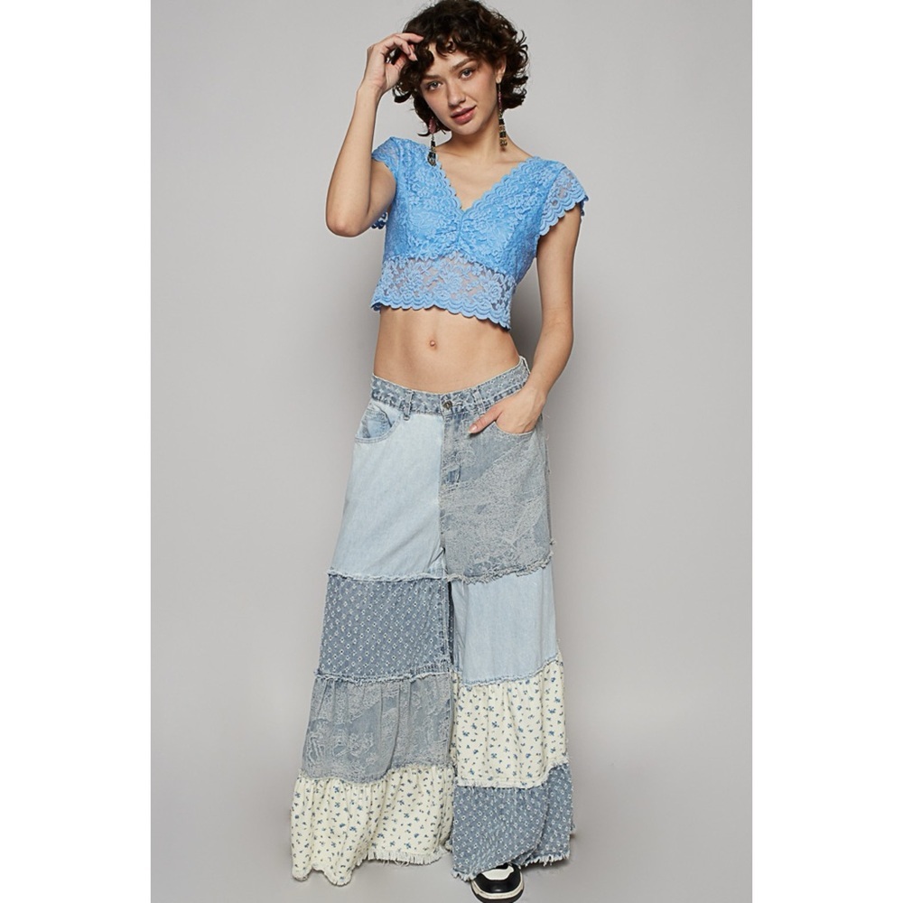 Mixed Denim & Floral Tiered Ruffle Exaggerated Wide Leg Patchwork Jeans - Picture 2 of 9
